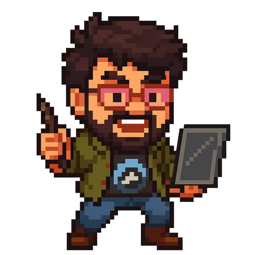 Pixel-art portrait of Saurabh holding a drawing tablet and stylus